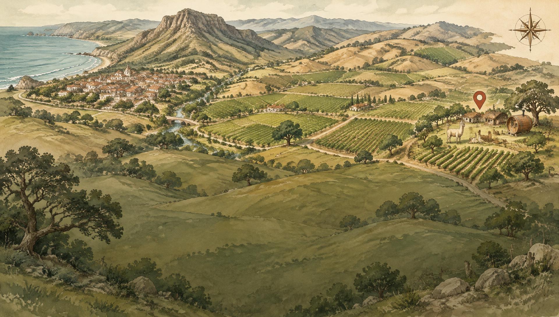 Illustrated map of Edna Valley with the Loving Llama ranch marked